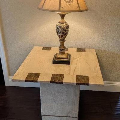 Accent Table (possibly Polished Travertine) & Decorative Lamp