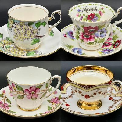 (4) Teacups & Saucers — Royal Albert, Rosina & Roslyn
