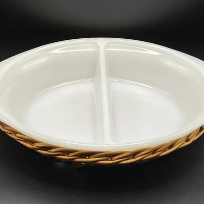 Glassbake Divided Milk Glass Dish with Wicker Trivet Base