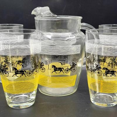 Anchor Hocking Cityscape or Horse and Carriage Pitcher & (4) Cups