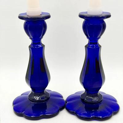 (2) Cobalt Glass Candlestick Holders 