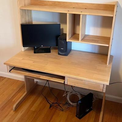 Lightweight Blond Wooden Office Desk with Drawer & Hutch