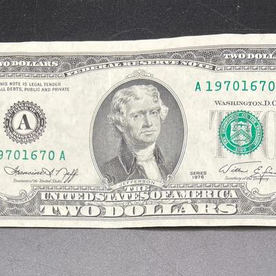 1976 Two Dollar Bill Serial Number A19701670A