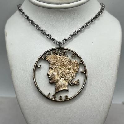 1922 Silver Liberty Peace Dollar Coin Hand Cut Pendant Necklace Jewelry 