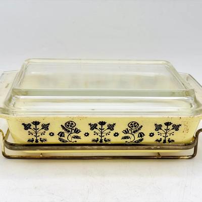 Pyrex Black Needlepoint Embroidery Space Saver Dish With Lid And Holder 