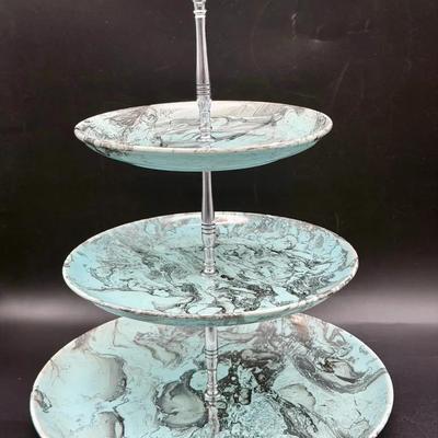MCM “Mist" collection by Santa Anita Ware Atomic Marbled Turquoise 3-Tier Serving Platter Centerpiec