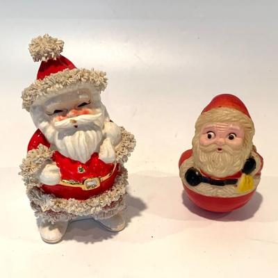 Sale Photo Thumbnail #18: On left - vtg Napco Santa with spaghetti trim. .On right - vtg. plastic Roly Poly