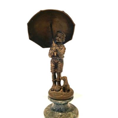 Sale Photo Thumbnail #23: Vtg. bronze sculpture, "Boy with umbrella and dachshund", signed Demetre Chiparus, 10" ht.