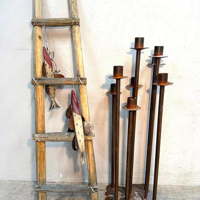 Rustic Decorative Ladder & Tall Metal Candleholder Set
