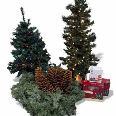 4ft & 3.5ft Lighted Christmas Trees w/ Two 5ft Garlands, Oversized Pine Cones & Extra Light Sets
