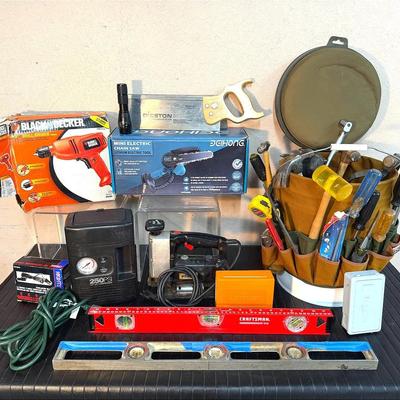 Mixed Tool Lot – Power Tools, Hammers, Levels, Chainsaw, Tool Belt & More