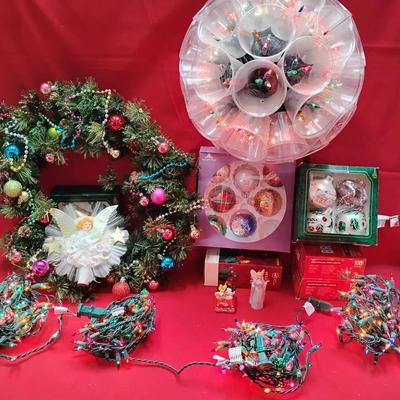 Christmas Decor Lot – Wreath, Lights & Ornaments