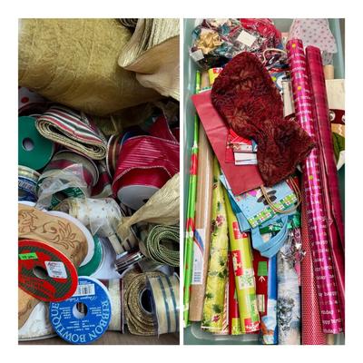 Box of Wire Ribbon / Tote Filled with Gift Wrap, Bags & More