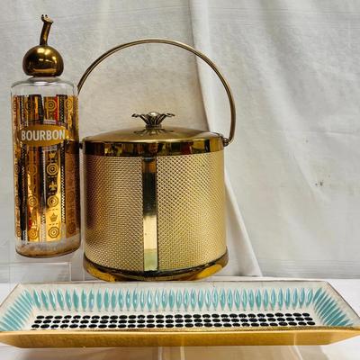 MCM 3-Piece Gold Barware Set - Ice Bucket, Bourbon Decanter, and Gold/Teal Tray