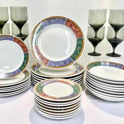 30-Piece Oneida “Majesticware” Stoneware Dinnerware Set + 8 Olive Green Goblets