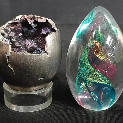 Signed Dichroic Art Glass Egg & Bismuth Crystal Geode Egg