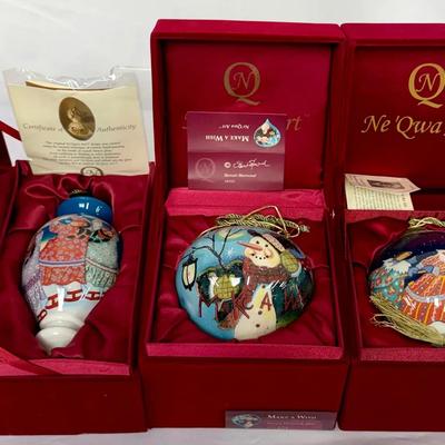 Set of 3 Ne’Qwa Art Reverse-Hand-Painted Christmas Ornaments w/ Boxes & COAs