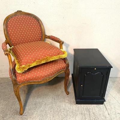 Vintage Louis-Style Accent Chair + Black Side Cabinet Set