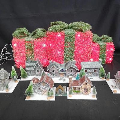 Miniature Snow Village Houses + 3 Light-Up Glitter Gift Boxes