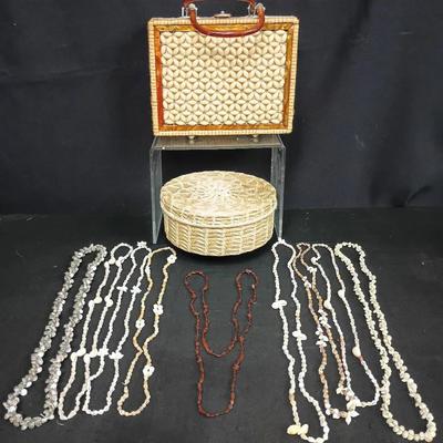 Vintage Beaded Purse & Shell Necklace Collection w/ Woven Lidded Basket