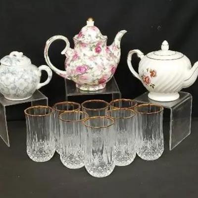 Time for Tea:  Teapots and Elegant Cristal D'Arques Gold-rim Iced Tea Glasses