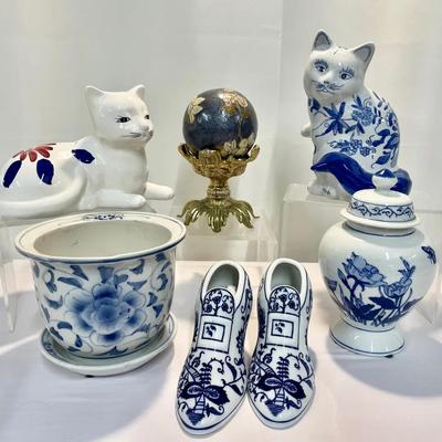 Blue & White Porcelain and Ceramic Decor Lot — Cats, Planter, Urn, Slippers, Cloisonné Globe 