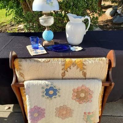 St1137 vintage pitcher hurricane lamp, quilts, and more