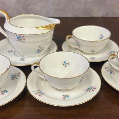 Chastagner Porcelain 4 Tea Cups, Cream Pitcher, & 5 Saucers Set