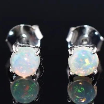 Round Fire Opal Cabochon Natural Unheated Sterling Silver Stud Earrings