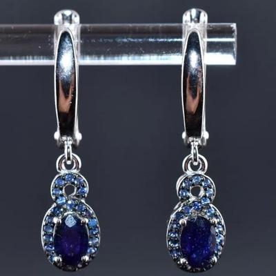 Oval Blue Topaz Sterling Silver Dangle Earrings - Possibly Treated