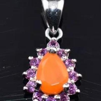 Pear Orange Opal & Rhodolite Garnet Natural Sterling Silver Pendant