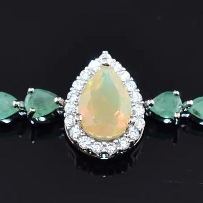 Pear Fire Opal & Emerald Natural Unheated Sterling Silver Bracelet 