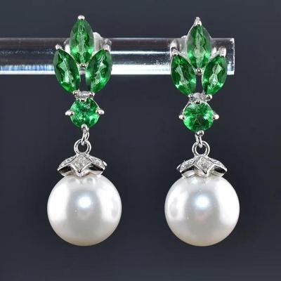 Marquis Green Topaz & 9.5mm Mother of Pearl Sterling Silver Dangle Earrings