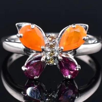 Pear Orange Opal, Rhodolite Garnet & Sapphire Natural Sterling Silver Butterfly Ring