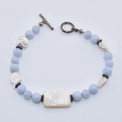 Calcite & Mother of Pearl Beaded Sterling Silver Bracelet