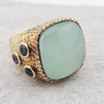 Large Carat Chalcedony & Blue Topaz Gold Vermeil Sterling Silver Ring 