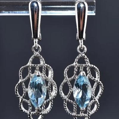4.1 TCW Marquis Sky Blue Topaz Natural Sterling Silver Dangle Earrings - Internally Flawless