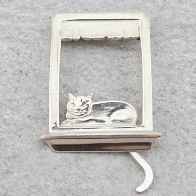 Sterling Silver Cat On Window Sill Brooch Pin