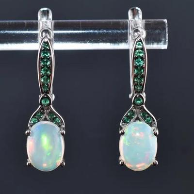 Oval Fire Opal Cabochon Natural Unheated Sterling Silver Drop Earrings