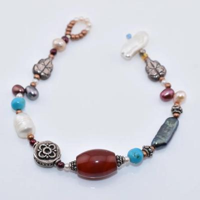 Carnelian, Pearl & Turquoise Sterling Silver Bracelet