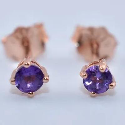 Amethyst Natural Unheated Sterling Silver Rose Vermeil Stud Earrings - VVS to IF