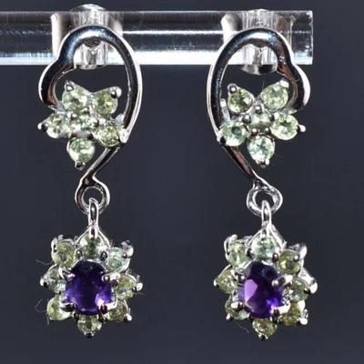 Amethyst & Peridot Natural Unheated Sterling Silver Floral Dangle Earrings - VVS to IF