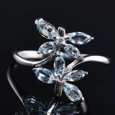 Marquise Sky Blue Topaz Natural Butterfly Sterling Silver Ring - VVS to IF