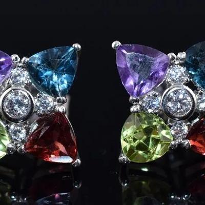 Trillion Amethyst, Peridot, Rhodolite Garnet & London Blue Topaz Natural Sterling Stud Earrings