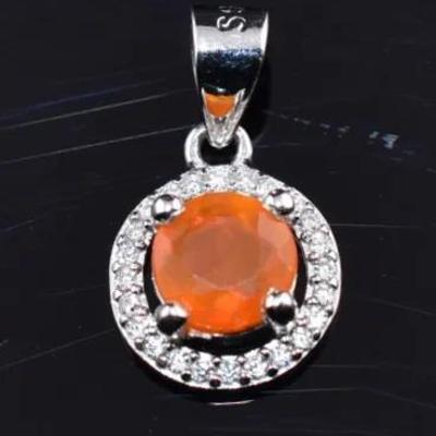 Round Orange Opal Natural Sterling Silver Pendant