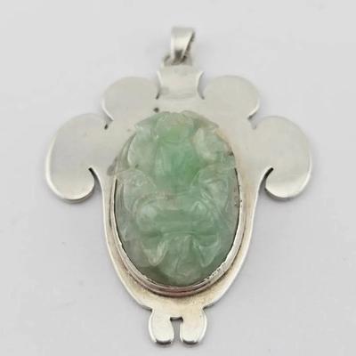 Vtg Sterling Silver Carved Jade Pendant