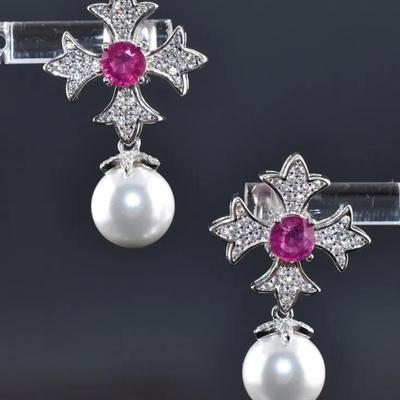 Round Ruby & 9mm Mother of Pearl Sterling Silver Maltese Cross Dangle Earrings