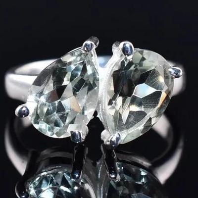 3.7 TCW Pear Green Amethyst Natural Sterling Silver Ring - VVS to IF