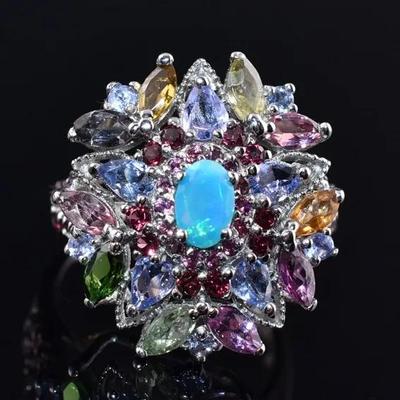 Oval Blue Opal, Rhodolite Garnet, Tanzanite & Tourmaline Natural Sterling Silver Cluster Ring