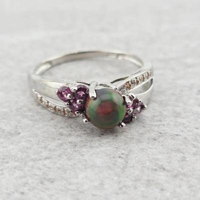 Natural Black Opal, Sapphire, Rhodolite Garnet Sterling Silver Ring 